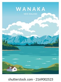 Lake Wanaka New Zealand illustration background. vector with minimalist style for poster, postcard, art print