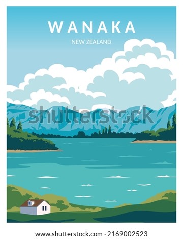 Lake Wanaka New Zealand illustration background. vector with minimalist style for poster, postcard, art print