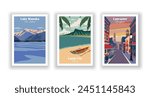 Lake Wanaka, New Zealand, Lanai City, Hawaii, Lancaster, Pennsylvania - Vintage travel poster. Vector illustration. High quality prints