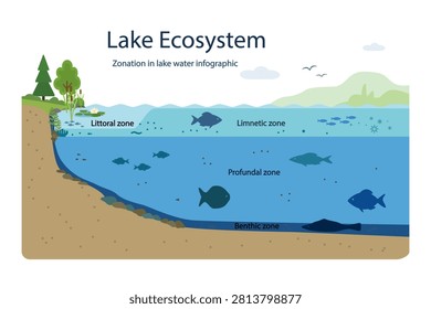 Lake water ecosystem zonation infographic. Scientific diagram of lake structure with littoral, limnetic, profundal, and benthic zones. Flat design. Ecological zones of freshwater lake. For biology and environmental science presentations. Stock vektor illustration