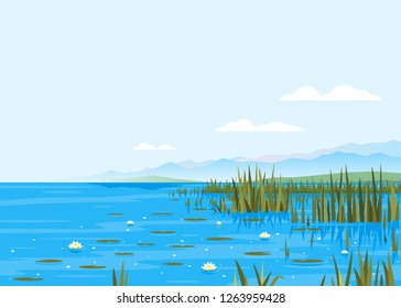 Lake with water lily and bulrush plants nature landscape illustration, fishing place, pond with blue water and mountains in distance, lake travel background picturesque terrain on a windless day