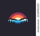 Lake water pine forest with sunrise sunset mountain landscape logo vector