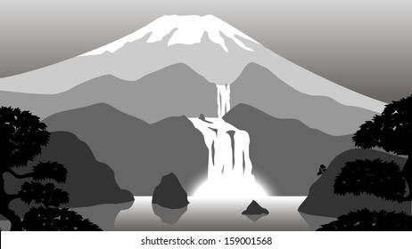 lake with a waterfall on the background of the volcano