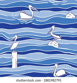 Lake waves with Pelicans Seamless vector Pattern