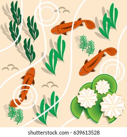 Lake in which the fish swim. Top view. Vector illustration.
