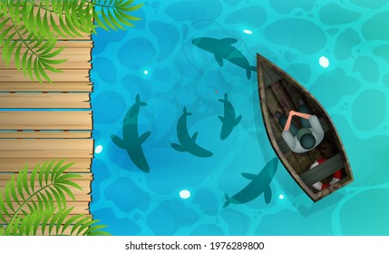 Lake with a wooden pier and a fisherman in a boat. Vector illustration