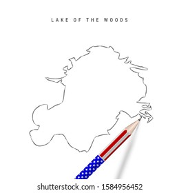Lake of the Woods vector map pencil sketch. Lake of the Woods outline contour map with 3D pencil in american flag colors. Freehand drawing vector, hand drawn sketch isolated on white.