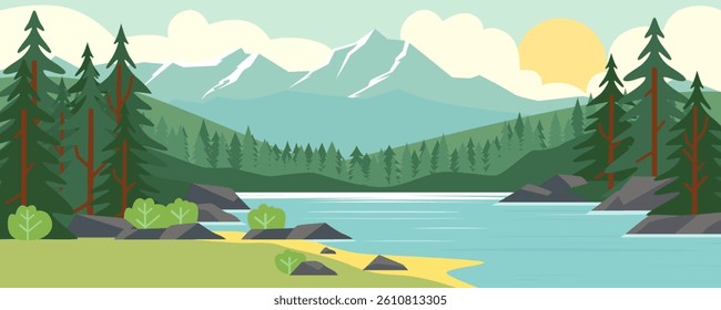 Lakes in the forest against the backdrop of beautiful mountains. Summer lake in a mountain forest. Vector illustration of a summer lake in the forest on a sunny day.