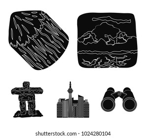 Lakes, mountains, the tower of SI-EN and other symbols of Canada.Canada set collection icons in black style vector symbol stock illustration web.