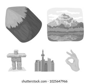 Lakes, mountains, the tower of SI-EN and other symbols of Canada.Canada set collection icons in monochrome style vector symbol stock illustration web.