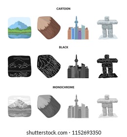 Lakes, mountains, the tower of SI-EN and other symbols of Canada.Canada set collection icons in cartoon,black,monochrome style vector symbol stock illustration web.