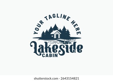 lakeside cabin logo with a combination of pine forest, a wooden cabin and lake view. It is good for property business, rental, travel, etc.