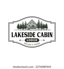 Lakeside Cabin Logo Hand Drawn Illustration and Vector Stock