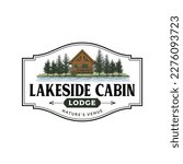 Lakeside Cabin Logo Template Hand Drawn Illustration and Vector Stock Colored