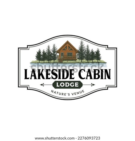 Lakeside Cabin Logo Template Hand Drawn Illustration and Vector Stock Colored