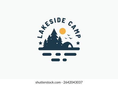 lakeside camp with combination of pine forest, tent and sun with lake view. It is good for outdoor activity business, rental, travel, etc.