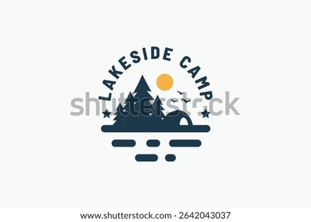 lakeside camp with combination of pine forest, tent and sun with lake view. It is good for outdoor activity business, rental, travel, etc.