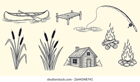 Lakeside camping doodle bundle. Canoe, wooden dock, fishing rod, leaping fish rings, cattails, log cabin and twin campfires in rustic navy sketch style. Cozy wilderness art