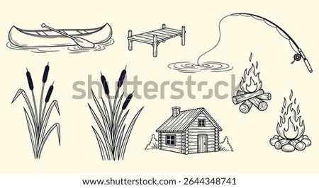 Lakeside camping doodle bundle. Canoe, wooden dock, fishing rod, leaping fish rings, cattails, log cabin and twin campfires in rustic navy sketch style. Cozy wilderness art