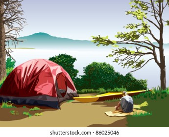 A lakeside campsite with a tent and a kayak. A girl is sitting on a blanket reading a book. A mountain is visible across the lake. A beautiful scene on a sunny summer day.