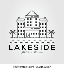 lakeside hotel and resort line art logo vector illustration design