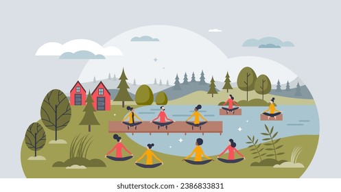 Lakeside mindfulness and meditation retreat in nature tiny person concept. Yoga group practicing breathing together near lake water vector illustration. Soul relaxation for harmony and calm body.