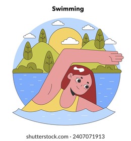 Lakeside Swimming Bliss. A joyful swimmer glides through tranquil waters, embraced by a serene landscape at sunset. The essence of outdoor leisure. Flat vector illustration