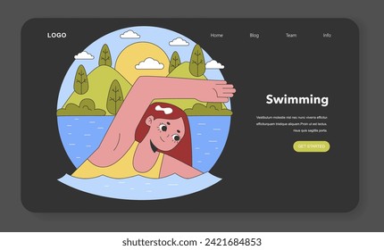 Lakeside Swimming Bliss. A joyful swimmer glides through tranquil waters, embraced by a serene landscape at sunset. The essence of outdoor leisure. Flat vector illustration