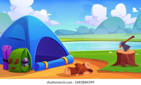 Lakeside tourist camp against summer landscape. Vector cartoon illustration of tent on green glade near water, axe, bag with paper map, beautiful scenery with river, green plants and sunny blue sky