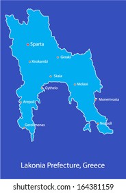 Lakonia Prefecture Map Greece. This is a map of Lakonia Prefecture with a layer with the major citys of the Prefecture.