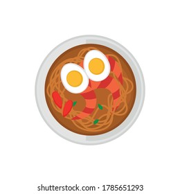 laksa Logo design. vector illustration of a dish of rice noodles served in a curry sauce or hot soup.