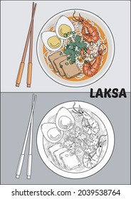 Laksa Noodle Soup Singapore Cuisine Vector Illustration with black and white image