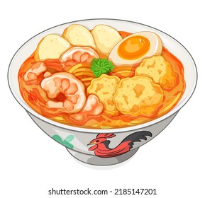 Laksa singapore noodles food menu close up illustration vector  Laksa malaysian street food chicken bowl  Asian shrimps (prawns) laksa soup recipe 