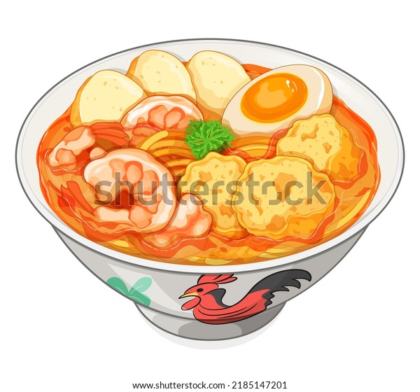 Laksa singapore noodles food menu close up\
illustration vector. Laksa malaysian street food on chicken bowl.\
Asian shrimps (prawns) laksa soup\
recipe.