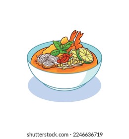 Laksa is a special dish from Singapore. This food consists of white noodles, lemon, sprouts, chilies, shrimp, and so on.