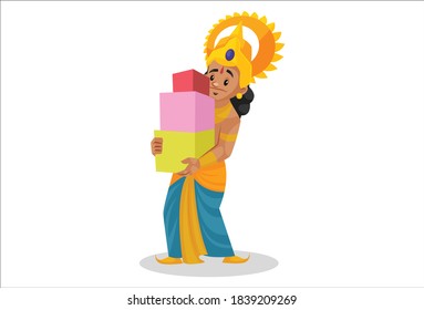 Lakshman is holding gift boxes in hands. Vector graphic illustration. Individually on a white background.
