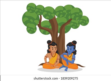 Lakshman is sitting with Lord Rama under a tree. Vector graphic illustration. Individually on a white background.