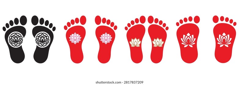 Lakshmi Footprint Vector Icon Set with Lotus Flower, Sacred Hindu Footsteps Collection for Diwali, Dhanteras, Pooja and Indian Festival Decoration.