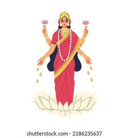 Diosa lakshmi del hinduismo, India. Divina Laxmi, hindú indio de carácter de riqueza, oro. La mitología antigua de la mujer deidad de la prosperidad. Ilustración vectorial plana aislada en fondo blanco