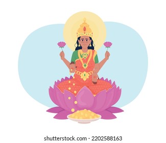 La diosa de Lakshmi en la ilustración aislada del vector 2D de la flor de loto. Hermoso personaje plano de deidad hindú sobre fondo de caricatura. Escena editable de color budista para móviles, sitio web, presentación