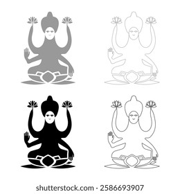 Lakshmi Goddess set icon grey black color vector illustration image solid fill outline contour line thin flat style