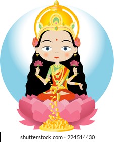 Lakshmi: hindu goddess of wealth, grace and charm. vector cartoon illustration