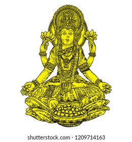 Lakshmi is a Hindu and Vaishnava goddess of wealth and prosperity, Vishnu's wife and a symbol of Diwali, a light festival of India. Hand drawn vector.