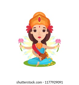 Lakshmi Indian goddess of wealth, grace and charm cartoon vector Illustration on a white background