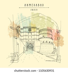 Lal Darwaza - Red Gate in Ahmedabad, Gujarat, India. Travel sketch art. Vintage hand drawn postcard in vector
