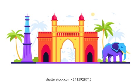 Lal Qila or Red Fort - modern colored vector illustration with historical citadel built in Delhi, tropical animal elephant and Qutab Minar brick islamic tower. Monuments from different eras idea