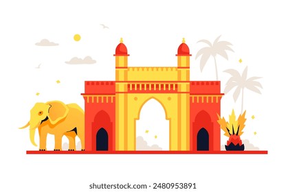 Lal Qila or Red Fort - modern colored vector illustration with historical citadel built in Delhi. Majestic ancient architecture, elephant, tropics and exotic sights of India and travelling idea