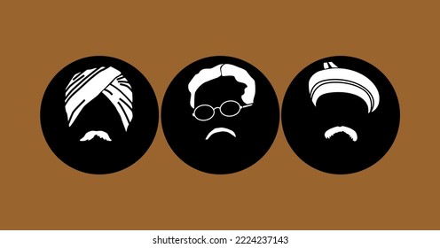 Lala Lajpat Rai, Bipin Chandra Pal, And Bal Gangadhar Tilak (Freedom Fighters Of India) Face Illustrations In The Graphic Icon.  