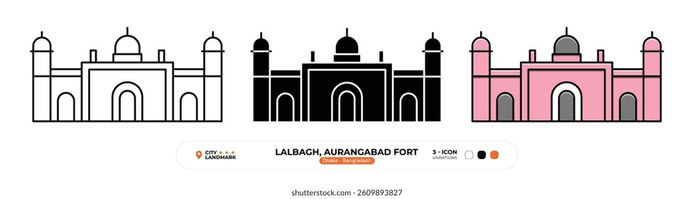 Lalbagh, Aurangabad Fort Line Icon. Dhaka, Bangladesh, Landmark, Silhouette, Color Vector, Editable Stroke.
