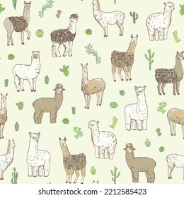 Lama alpaca animal vector seamless pattern.